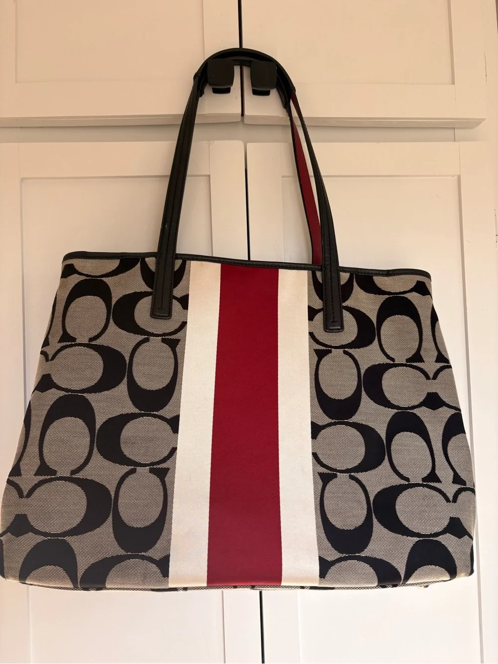 Coach Signature Stripe Tote Bag - Black, White & Red